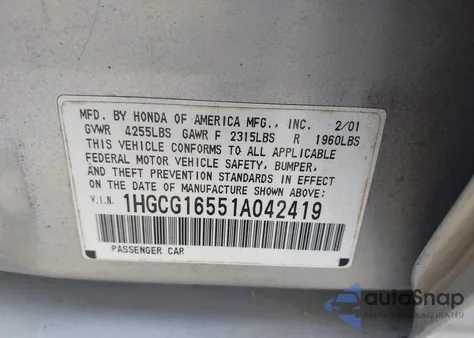 2001 Honda Accord 3.0 Ex z USA, uszkodzony, nr VIN 1HGCG16551A042419